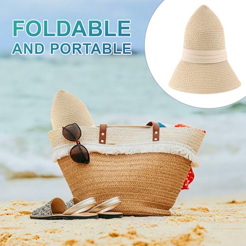 DRESHOW Women Straw Panama Hat Travel Fedora Beach Sun Hat Summer Wide Brim Straw Roll up Hats UPF 50+ - color: 1 Pack Boater Hat: Light Beige With Beige Band