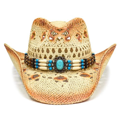FLUFFY SENSE. Cowgirl Hats for Women Straw Cowboy Hat Western Beach Sun Hat with Shapeable Brim for Coastal Cowgirl - color: Sandstone Tan