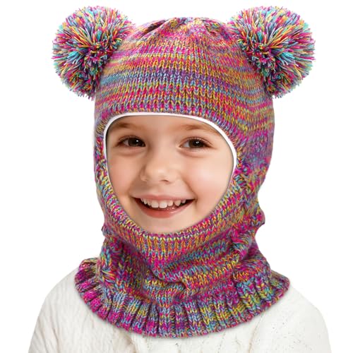 Jansun Kids Double Pom Pom Winter Hat, Warm Fleece Lined Cute Kids Winter Hat Scarf Earmuffs Girls Accessories Hat Rainbow - style: Classic