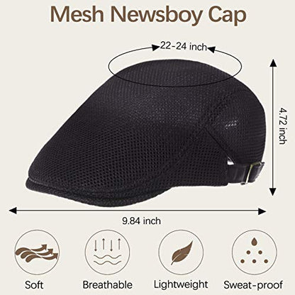 Geyoga 3 Pcs Mesh Newsboy Cap, Adjustable Mesh Cap - color: Beige, Light Gray, Black