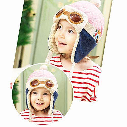 Toddlers Baby Girls and Boys Crochet Earflap Pilot Hats Beanie Cap Winter Warm Knit Caps Ear Protection Cap - color: Hat1-pink