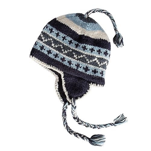 Hand Knit Sherpa Hat with Micro Fleece Lining and Eclectic Patterns, Handmade Winter Toque, Christmas Beanie, Made in Nepal - color: Navy, Light Blue & Grey, style: Waves