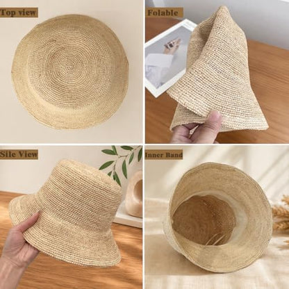 Natural Raffia Straw Bucket Hat for Women Sun Beach Handmade Raffia Woven Bucket Hat Foldable Summer Cap - color: Natural Raffia