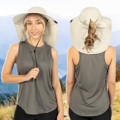 SUN CUBE Wide Brim Sun Hat with Neck Flap for Men Women, UPF50+ Fishing - color: Beige With Bow