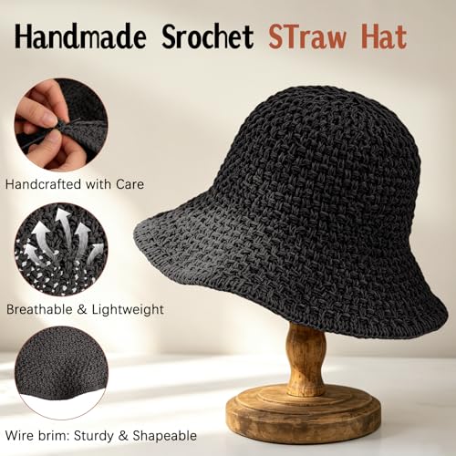 Sun Hat for Women Summer Straw Beach Hats Bucket Hat Floppy Crochet Hat - color: Black