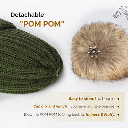 FURTALK Womens Winter Knitted Beanie Hat with Faux Fur Pom Warm Knit Skull Cap Beanie for Women - color: Pine Green