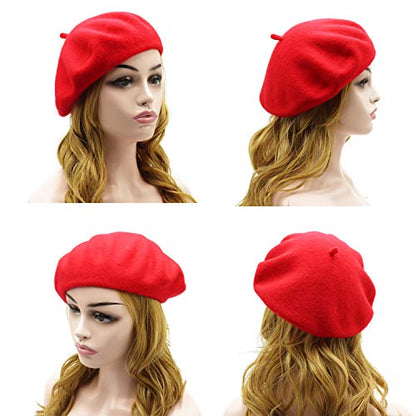 Wheebo Wool Beret Hat,Solid Color French Style Winter Warm Cap for Women Girls Lady - color: Red