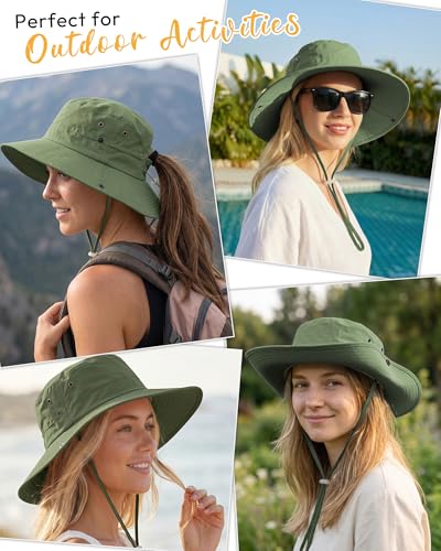Women Sun Hat with Ponytail Hole Wide Brim Bucket Sun Protection for Summer - color: Green