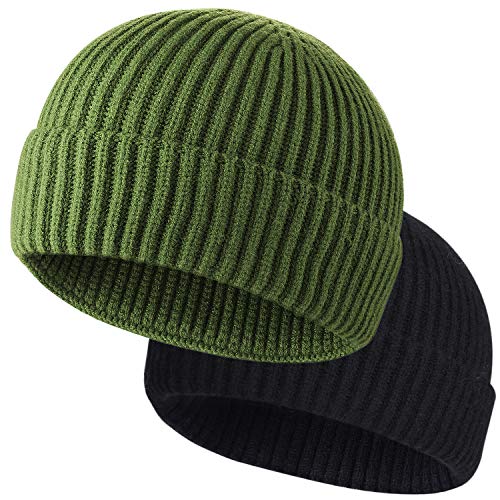 ROYBENS Wool Fisherman Beanies for Men Knit Short Watch Cap Winter Warm Hat - color: 2pcs Black+ Army Green