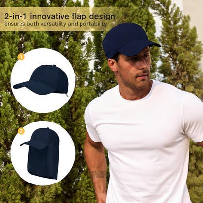 American Trends Mens Sun Hat with Neck Flap, UV Protection Outdoor Flap Hat, Packable Soft Fishing Hiking Gardening Hat - color: Navy