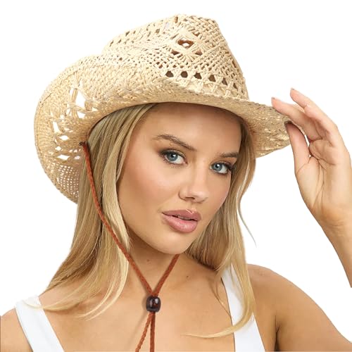 DRESHOW Straw Cowboy Cowgirl Hat for Women Men Western Coastal Cowboy Beach Hat with Shapeable Brim Unisex Rolled up Caps - color: 1 Pack Straw Woven Hollowed-out: Beige