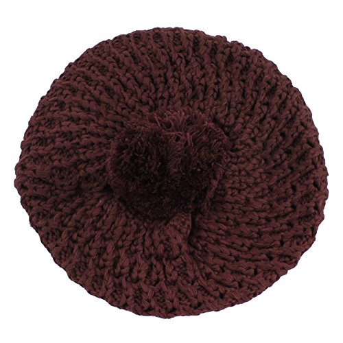 Morehats Thick Crochet Knit Pom Pom Beret Winter Ski Hat - color: Dark Burgundy
