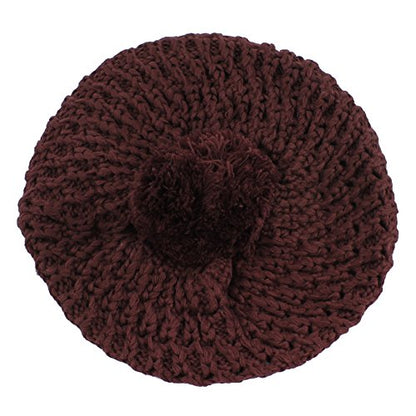 Morehats Thick Crochet Knit Pom Pom Beret Winter Ski Hat - color: Dark Burgundy