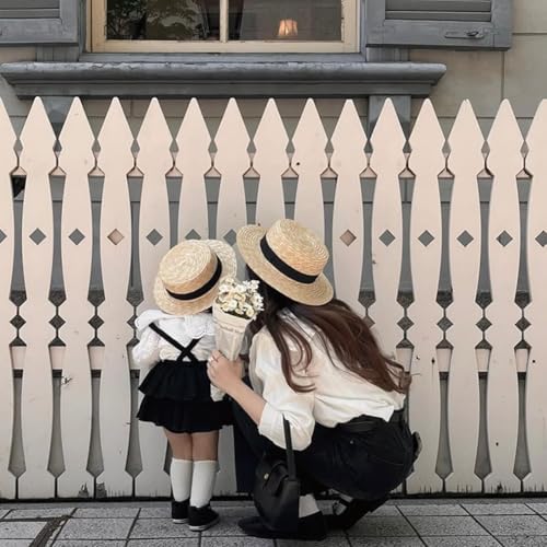 Girls Straw Boater Hat Kids Beach Hats Toddler Natural Wheat Straw Skimmer Hat Boys Handmade Flat Crown Sun Hats - color: Black
