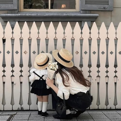 Girls Straw Boater Hat Kids Beach Hats Toddler Natural Wheat Straw Skimmer Hat Boys Handmade Flat Crown Sun Hats - color: Black
