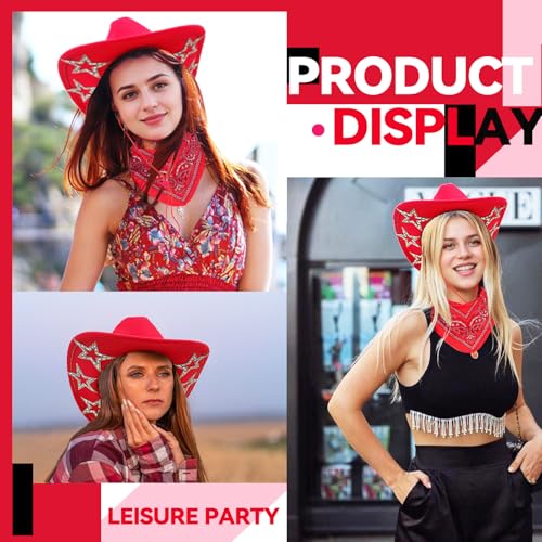 SHENYI Cowgirl Hat and Bandana and Heart Sunglasses Glitter Rhinestone Star Cowboy Hat Western Sparkly Hats for Women Men - color: Red