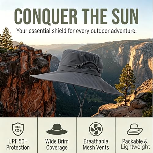 Fishing Sun Hat for Men UPF 50+ Wide Brim Boonie Hats for Summer - color: Dark Gray