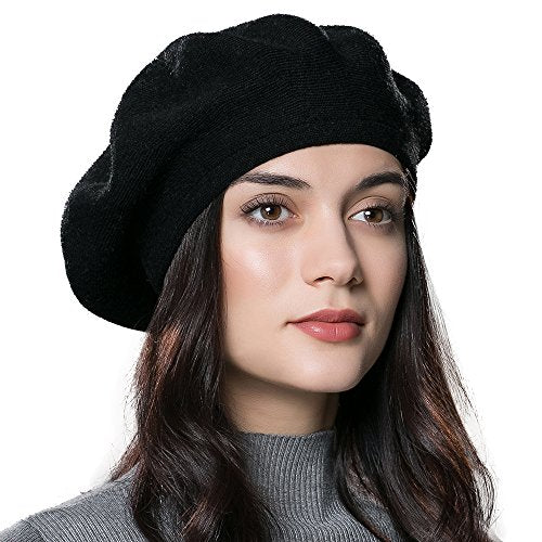 Womens Winter Beret Hat Knitted Beanie Cap Autumn Winter Hat French Classic Beret - color: Black