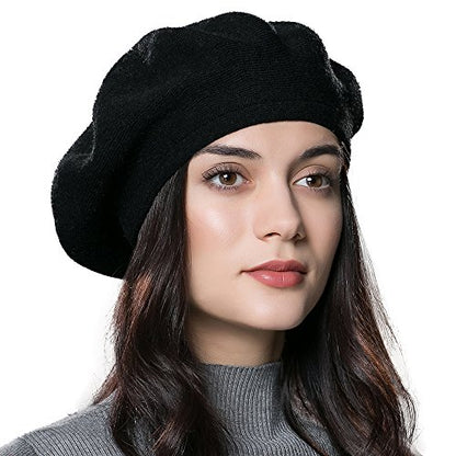 Womens Winter Beret Hat Knitted Beanie Cap Autumn Winter Hat French Classic Beret - color: Black