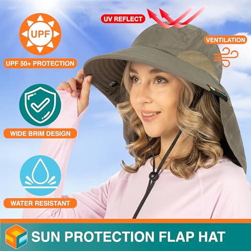 SUN CUBE Wide Brim Sun Hat with Neck Flap for Men Women, UPF50+ Fishing - color: Olive