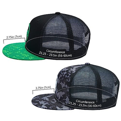 BASSDASH 2 Pack Flat Brim Trucker Cap Adjustable Snapback Hat Mesh Back for Men Women Fishing Hunting - color: Pack of 2,green and Black & Night Digital Camo