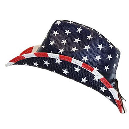 USA American Flag Straw Cowboy Hat w/ Shapeable Brim, Red, White, Navy Blue