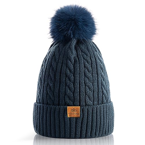 PAGE ONE Women Winter Pom Pom Beanie Hats Warm Fleece Lined Knit Hat Chunky Trendy Cute Cap - color: Dark Blue-1
