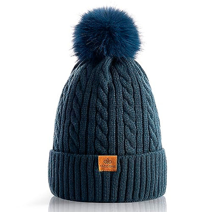 PAGE ONE Women Winter Pom Pom Beanie Hats Warm Fleece Lined Knit Hat Chunky Trendy Cute Cap - color: Dark Blue-1