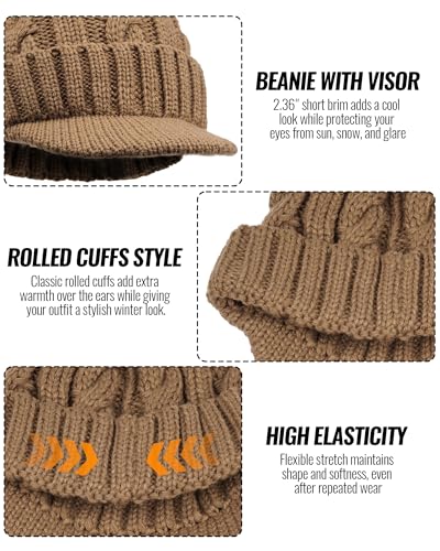 CLAPE Men Knit Beanie Visor Cap Warm Winter Hat Cadet Newsboy Cap Daily Beanies with Bill Cuffed Watch Cap Plain Knitted Hats - color: Nb03-khaki
