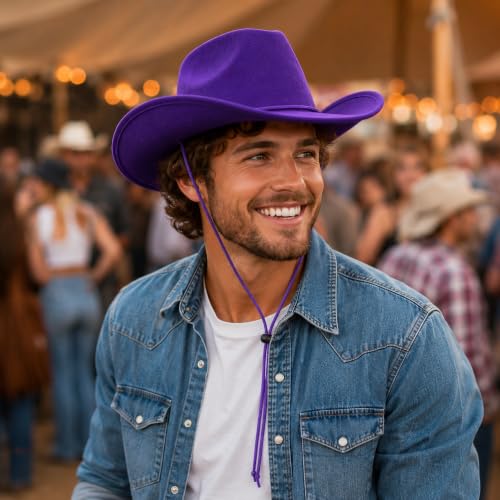 COLLECT PRESENT Plain Felt Cowboy & Cowgirl Hat for Men and Women | Western Studded Cowboy Hat in Adult Sizes - color: Purple