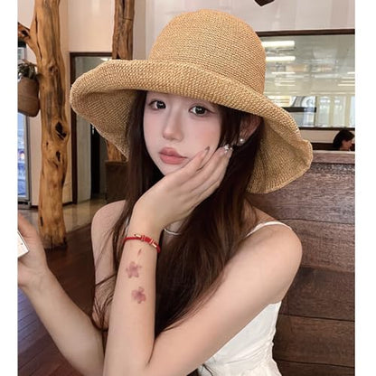 Women Straw Sun Hat Summer Beach Hats Foldable Floppy Cap Wide Brim Bucket Hat Solid Handmade Sun Protection Caps - color: Khaki