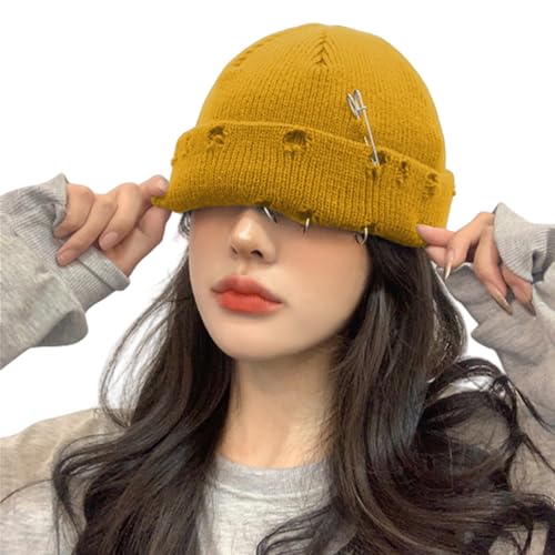 AIBEARTY Swag Short Fisherman Beanie for Men Women Rolled Cuff Beanie Skull Caps Wool Knit Winter Ski Hat with O Rings - color: Yellow With Pin