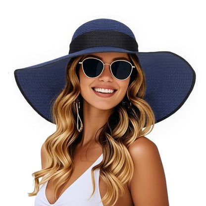 Barelove Sun Straw Hat Wide Brim Shape Hat with UPF 80+, Packable Foldable Floppy Summer Beach Hat for Women Men - color: Navy Blue - Wide Wrap