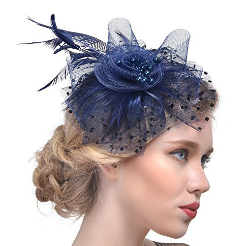 DRESHOW Fascinators Hat Flower Mesh Ribbons Feathers on a Headband and a Clip Tea Party Headwear for Girls and Women - color: 7" Diameter / Navy