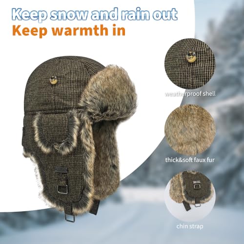 Fur Winter Trapper Hat,Wool Faux Fur Aviator Ski Trapper Trooper Pilot Snow Eskimo Hat with Ear Flaps for Men & Women - color: Brown 2, size: Medium-Large