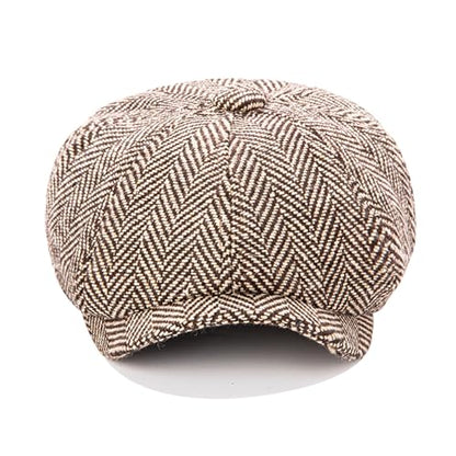 Men's Wool Newsboy Cap 8-Panel Tweed Taxi Hat Herringbone Gatsby Flat Hats - color: Coffee
