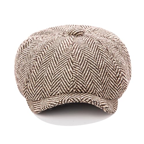 Men's Wool Newsboy Cap 8-Panel Tweed Taxi Hat Herringbone Gatsby Flat Hats - color: Coffee