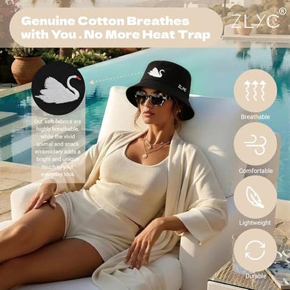 ZLYC Cotton Bucket Hat for Women Men Embroidered Packable Summer Sun Cap - color: Swan Black