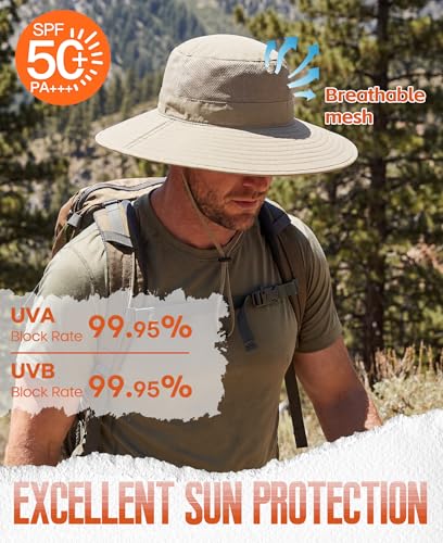 Home Prefer UPF50+ Mens Sun Hat Wide Brim Fishing Hat Foldable Large Brim UV Protection Sun Hat for Men Women Beach Gardening - color: Khaki