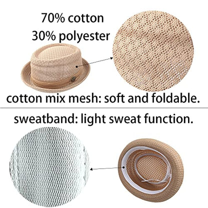ZffXH lot 2 Pack Trilby Mesh Pork Pie Hat Summer Straw Fedora Cap Bowler Flat Top Sun Hat Lady Men Women - color: 1 Pcs Khaki+1 Pcs Grey
