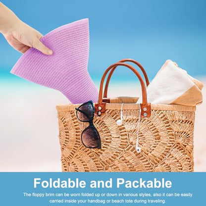 AQOKKA Sun Hats for Women Big Straw Wide Brim Summer Beach Hat Floppy Foldable Roll up Cap for Outdoor UPF 50+ - color: Wide Brim : Purple