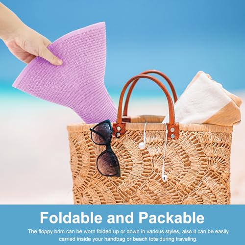 AQOKKA Sun Hats for Women Big Straw Wide Brim Summer Beach Hat Floppy Foldable Roll up Cap for Outdoor UPF 50+ - color: Wide Brim : Purple
