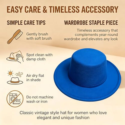 Fedora Flat Hat Classic Wide Brim Cap Panama Style Jazz Hat for Wedding Party Talent Performance Xmas Gift Unisex - color: Blue