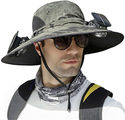 Outdoor Wide Brim Sun Hat with 2 Solar Fan Sun Bucket Hat for Men Women UPF 50+ Bucket Fishing & Beach Hat with Fan Built in - color: Z-green
