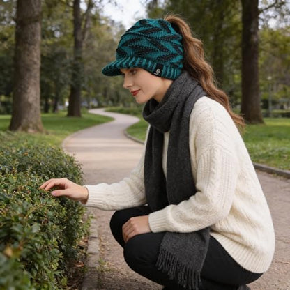 Women's BeanieTail Warm Knit Hat Messy High Bun Ponytail Visor Beanie Cap - color: B341-blue, size: Medium