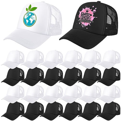 Jeyiour 48 Pack Trucker Hat Bulk Polyester Adjustable Plain Mesh Sublimation Blank Baseball Cap for Women Men Kids - color: Black, White, size: Large
