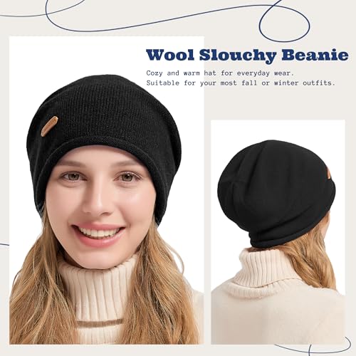 ACUSHLA 100% Merino Wool Slouchy Beanie for Women Men Winter Hat Skull Cap - color: Black