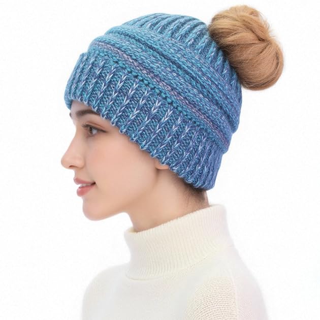 Women Ponytail Beanie 2-Pack, Thick Thermal Soft Acrylic Winter Skull Cap - color: B & E