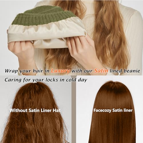 Facecozy Satin Lined Beanie for Women Soft Satin Lining Slouchy Winter Hats - color: Olive Green