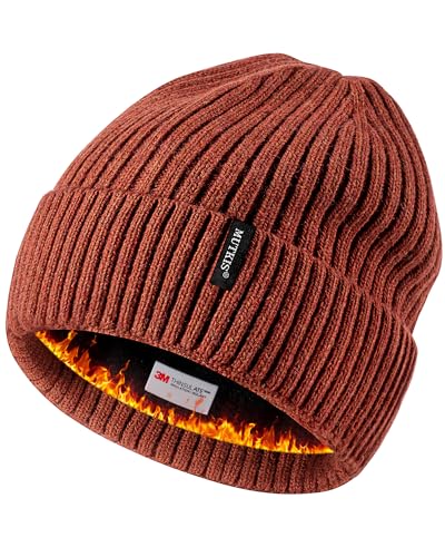 Beanie Hats for Men 30% Merino Wool Knit Hat, Winter Hats for Women Thick Warm Lined, Beanie for Women Cold Weather Skull Cap - color: Dark Orange